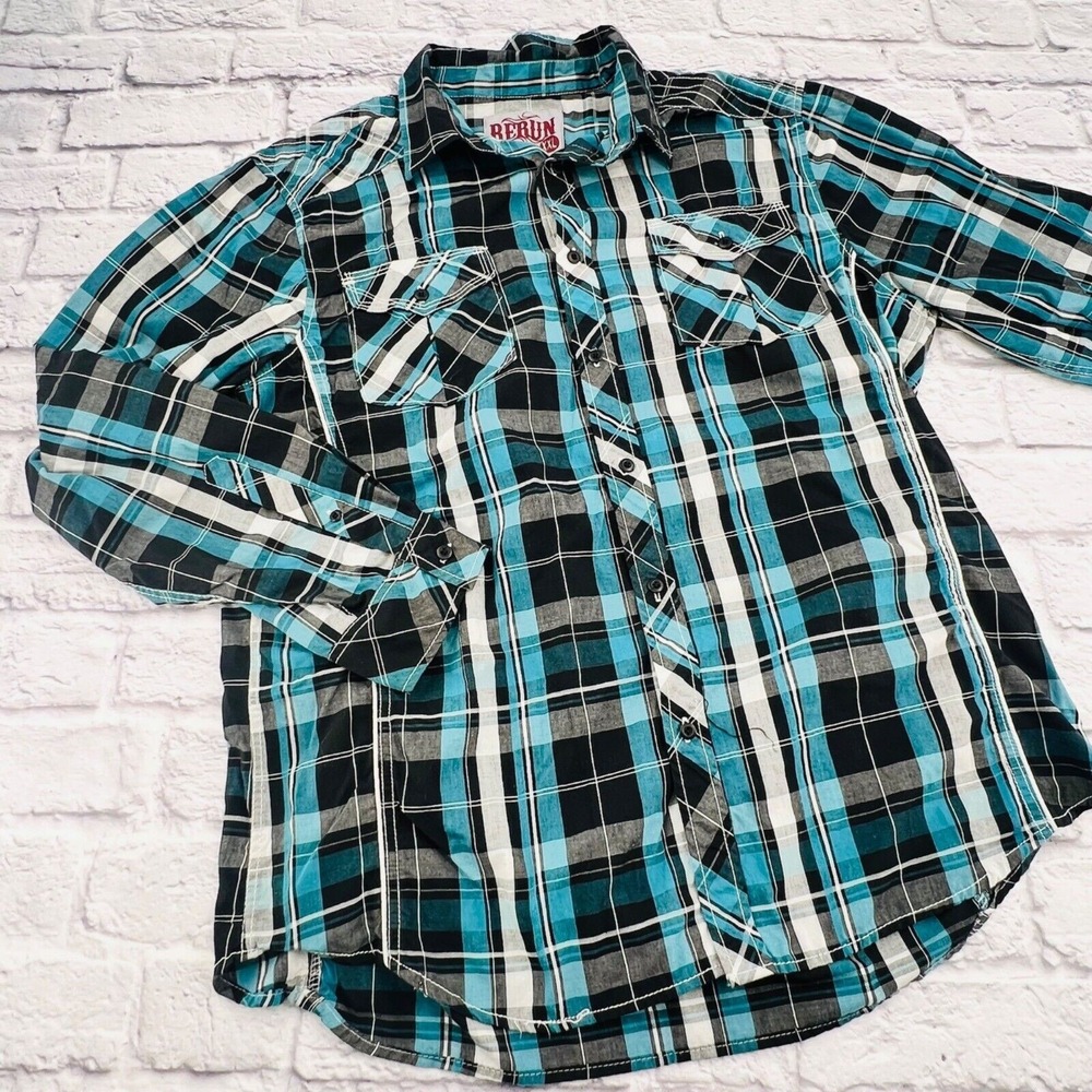 Rerun Mens XXL Plaid Button Down Shirt Teal Black White Contrast Stitch 68L00552